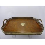 An Edwardian Rectangular Silver Plate and oak vintage tea tray.