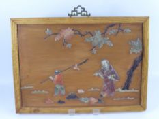 A 19th Century Chinese Soapstone Inlaid Fruitwood Panel, the decorative inlay depicting a two