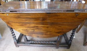 Antique Oval Drop Leaf Table, barley twist supports on straight stretchers, with drawers to either