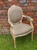 A French Style Chair, with coffee coloured suede seat and back.