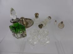 A Quantity of Glass, including four glass salts, an Art Nouveau green glass perfume bottle, four
