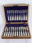 A Set of Silver and Mother of Pearl Fruit Knives and Forks, in the original box, Sheffield hallmark,