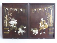 A Pair of Japanese Meiji Period Shibayama Rosewood Panels, depicting trapeze artists.The panes