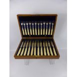 A Set of Twelve Silver Plated Bone Handled Knives and Forks, in an original oak case, together