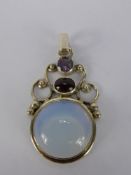 A Silver and Moonstone Pendant, the pendant set with garnet and amethysts, moonstone 20 mm, garnet 8