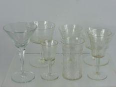 A Miscellaneous Collection of Edwardian Key Pattern Glass, including five water tumblers, nine red