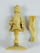 Antique Ivory Chess Piece, together with a pipe stamper in the form of a shapely leg. (af)
