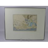 Two Art Deco Hand Coloured Prints, depicting a couple, monogrammed MC, approx 30 x 21 cms, framed