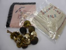 A Quantity of WWI and WW2 Brass Buttons, and two silk souvenir hankies from Desert Rat soldiers dd