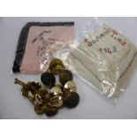 A Quantity of WWI and WW2 Brass Buttons, and two silk souvenir hankies from Desert Rat soldiers dd