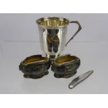 Quantity of Silver, including a Christening mug Birmingham hallmark, dated 1953, a pair of