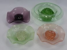 Art Deco English Pressed Glass Rose Bowls, green, lilac and apricot. (5)