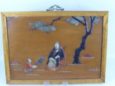 A 19th Century Chinese Soapstone Inlaid Fruitwood Panel, the decorative inlay depicting a wise man