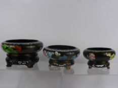 A Trio of Jingfa Chinese Cloisonne Bowls, depicting chrysanthemum amongst cloud scroll, on