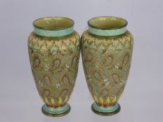 A Pair of Royal Doulton Vases, of gilded blue paisley design, approx 25 cms high, factory marks to