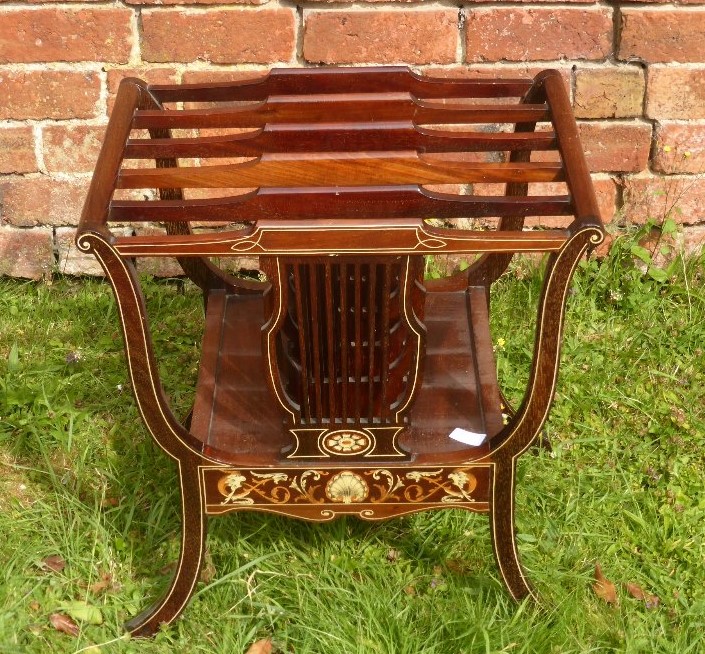 An Edwardian Rosewood and Inlaid Music Canterbury, the Canterbury with four pierced lyre