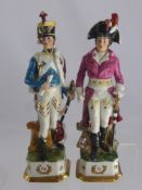 A Pair of Capo Di Monte Figures, depicting soldiers, one Prussian the other French. approx 32 cms