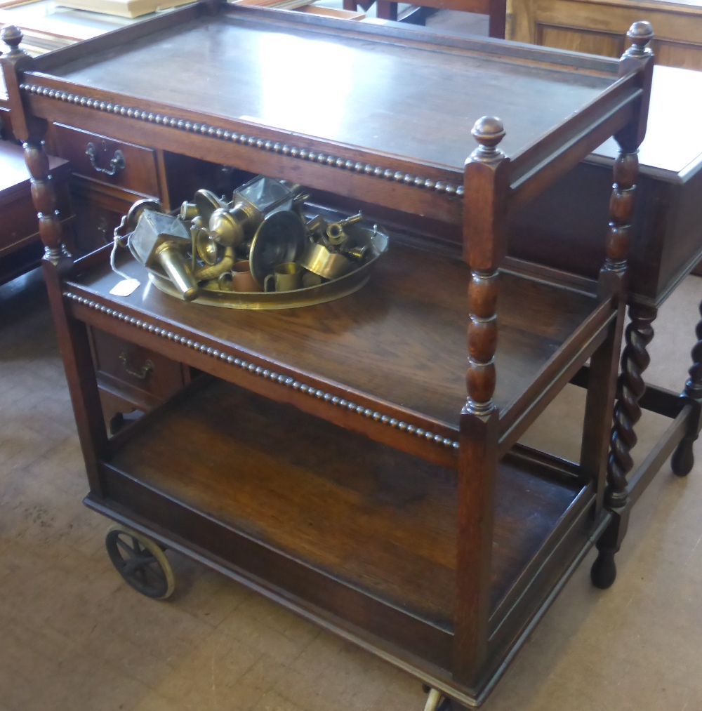 A Vintage Oak Tea Trolley/Cart, approx 44 x 78 x 105 cms, with three shelves, decorative beading and