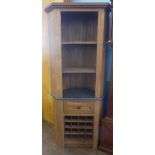 A Solid Oak and Marble Corner Cabinet, with two shelves and single drawer, with wine rack beneath,