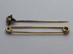 A 9 ct Gold Stock Pin, together with a gent's seed pearl tie pin, approx wt 4.4 gms.