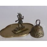 Miscellaneous Oriental Brass, including tray, antique bell and Indian deity. (3)