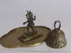 Miscellaneous Oriental Brass, including tray, antique bell and Indian deity. (3)