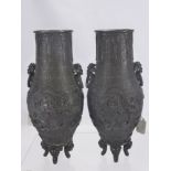 A Pair of Japanese Edo/Meiji Period Vases, the vases with chasing dragons in relief amongst cloud