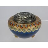 A Japanese Potpourri, royal blue glaze with decorative feather design on tripod feet, with solid