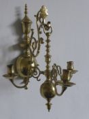 A Pair of Brass Wall Mounted Three Branch Candelabra, approx 30 cms.