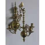 A Pair of Brass Wall Mounted Three Branch Candelabra, approx 30 cms.