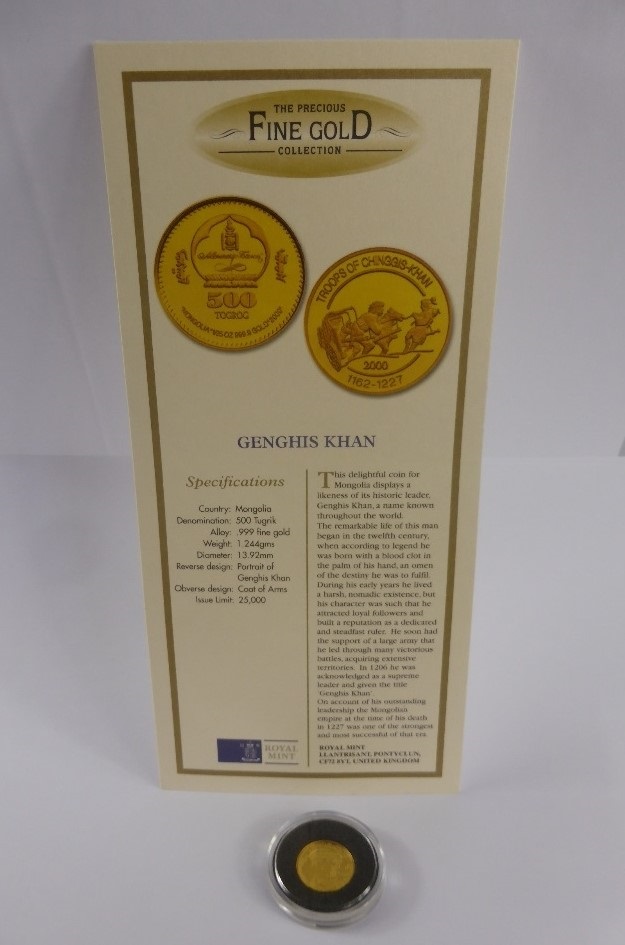 A 2000 Royal Mint .999 Fine Gold 500 Tugrik Genghis Khan Proof Coin, approx 1.24 gms, with