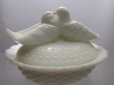 A Victorian Opaline Dish and Cover in the Form of Basket with Two Chickens Roosting.