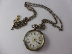 A Lady's Antique Open Face Pocket Watch, on solid silver chain, the watch having white enamel gilded