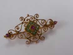 A 9 ct Yellow Gold, Emerald and Ruby Filigree and Bead Brooch, 2 x 2 mm rubies, 1 x 2.25 ruby, 12