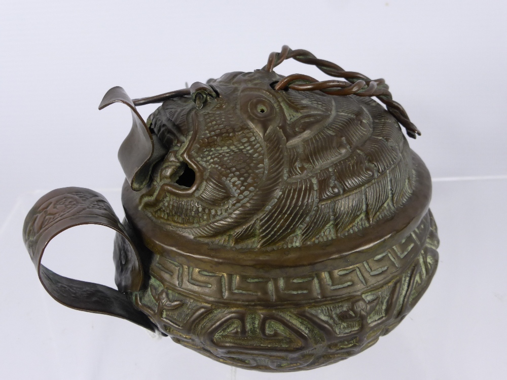 An Antique Chinese Bi-metal Chinese Tea Pot and Cover, the top features a horned serpent mask, the - Image 3 of 3
