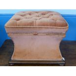 An Antique Mahogany Framed Footstool, velvet upholstery on bun feet, lid lifts for storage, approx