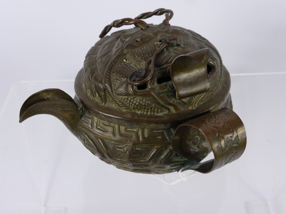 An Antique Chinese Bi-metal Chinese Tea Pot and Cover, the top features a horned serpent mask, the