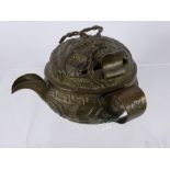 An Antique Chinese Bi-metal Chinese Tea Pot and Cover, the top features a horned serpent mask, the