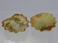 A Pair of Royal Worcester Hand Painted Pin Dishes of scallop form, puce marks to base, together with