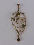 An Edwardian 9 ct Yellow Gold Seed Pearl and Peridot Tear Form Pendant, 1 x 3.75 peridot, 1 x 5 x