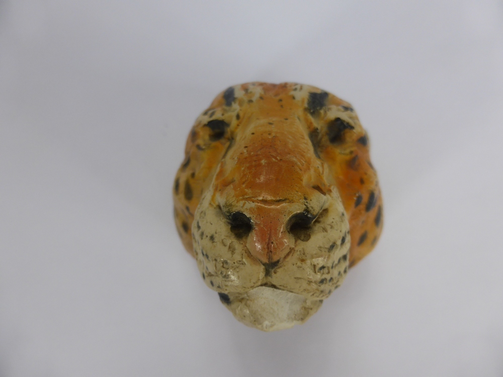 A Small Hand Painted Pottery Leopard Head, approx 9 cms