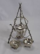 A Victorian Silver Plated Spirit Kettle, the kettle having a branch form tripod stand, together with