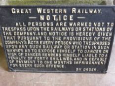 A Great Western Railway Cast Iron Notice, approx 76 x 53 cms.