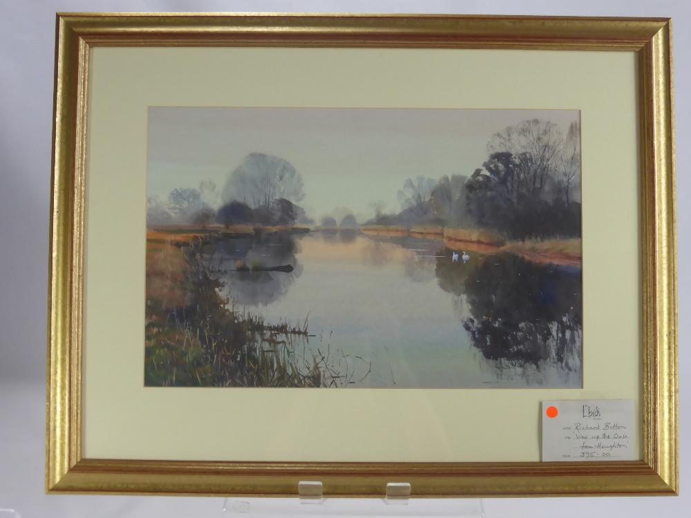 Richard Botton painting depicting "View up the Ouse from Houghton" approx 50 x 32 cms, framed and