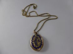 A 9 ct Gold and Blue Enamel Locket, on 9 ct gold chain (WF), approx wt 10 gms.