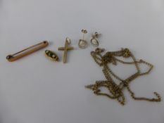 A Miscellaneous Collection of Gold Jewellery, including 15 ct stock pin, 9 ct cross, clasp, cultured