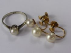 A Lady's 18 ct White Gold and Pearl Ring, size O, together with three 9 ct screw on pearl