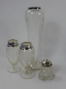 Three Silver Topped Glass Posy Vases, with floral acid etching, together with a cut glass silver