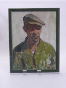 A Russian School Oil on Board Portrait, depicting a field hand wearing a cap, monogram lower