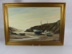 James Akin, 'Awaiting the Tide', depicting fishing boats, approx 75 x 50 cms, framed and glazed.